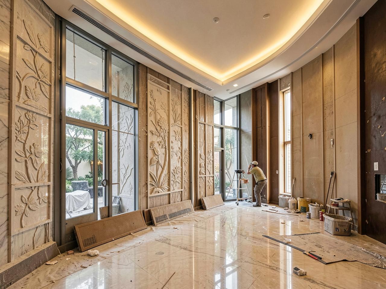 Acabados hoteleros con paneles con relieve y cancelería de aluminio