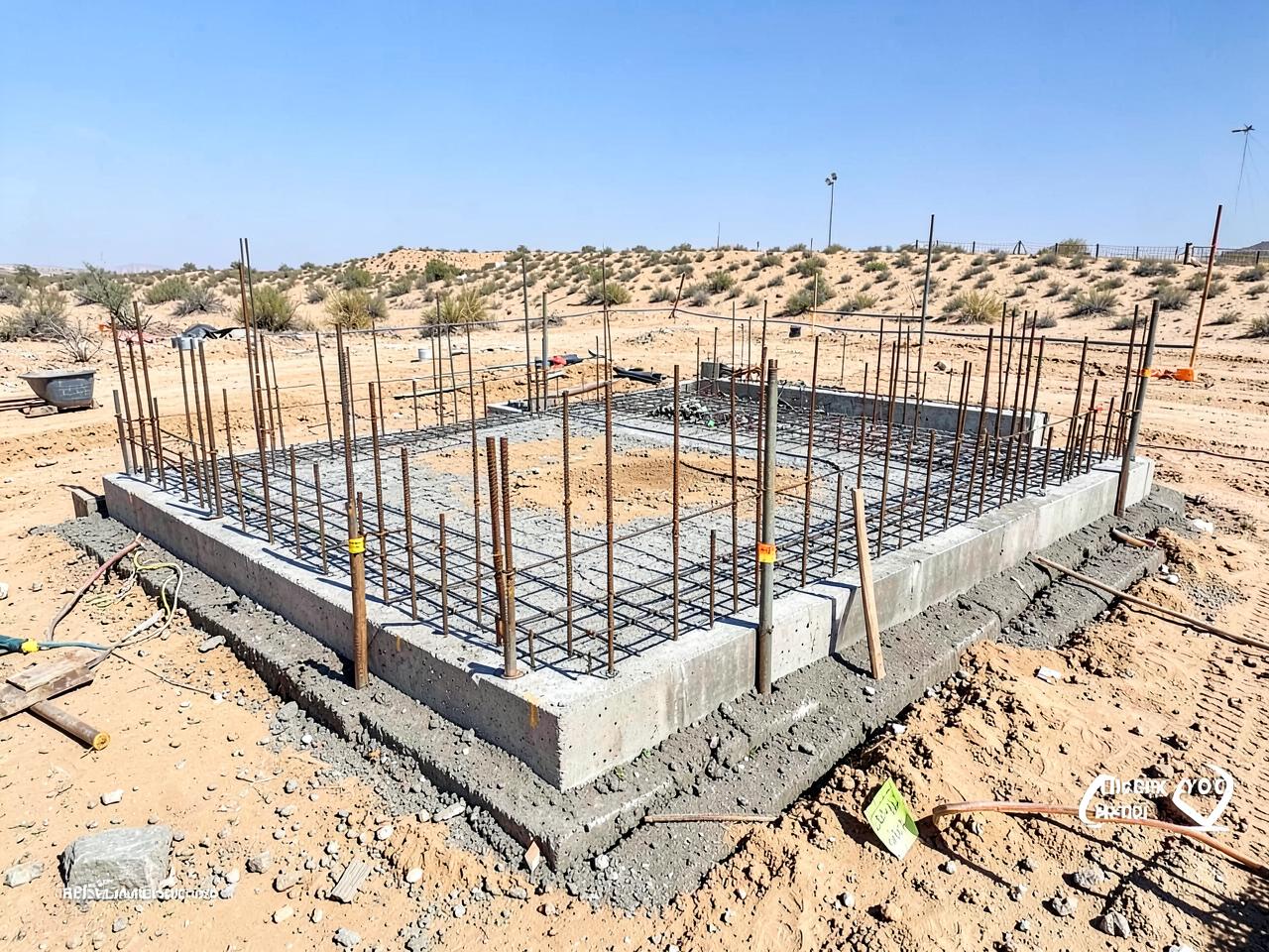 Cimentación con armado de acero y placas de desplante en obra