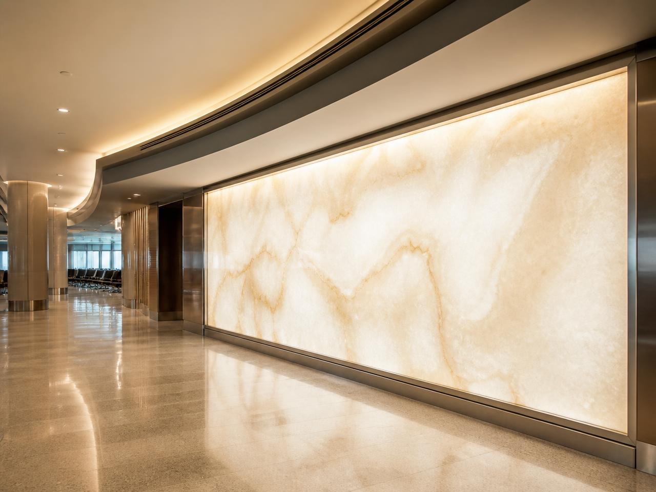Muro luminoso y cielo falso con luz indirecta en terminal aérea